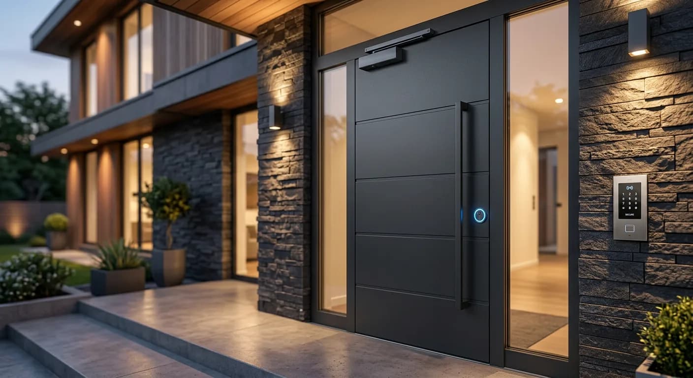 Moderne woningentree met antracietkleurige voordeur, elektronisch slot en toegangscontrolepaneel